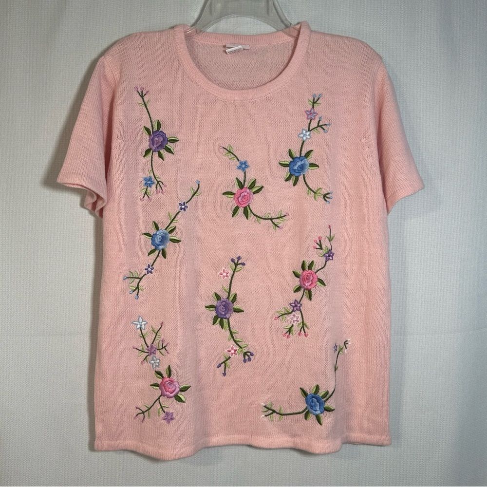 American Sweetheart by Haband Light Pink Floral Embroidered Sweater Vintage